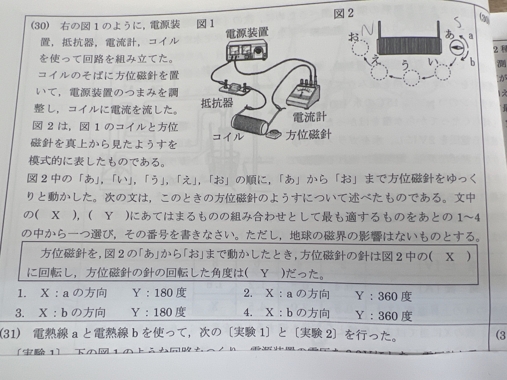 答えが4で、なぜ方位磁針の針が図2のb方向に回転するのか教えて欲しいです！250枚です！