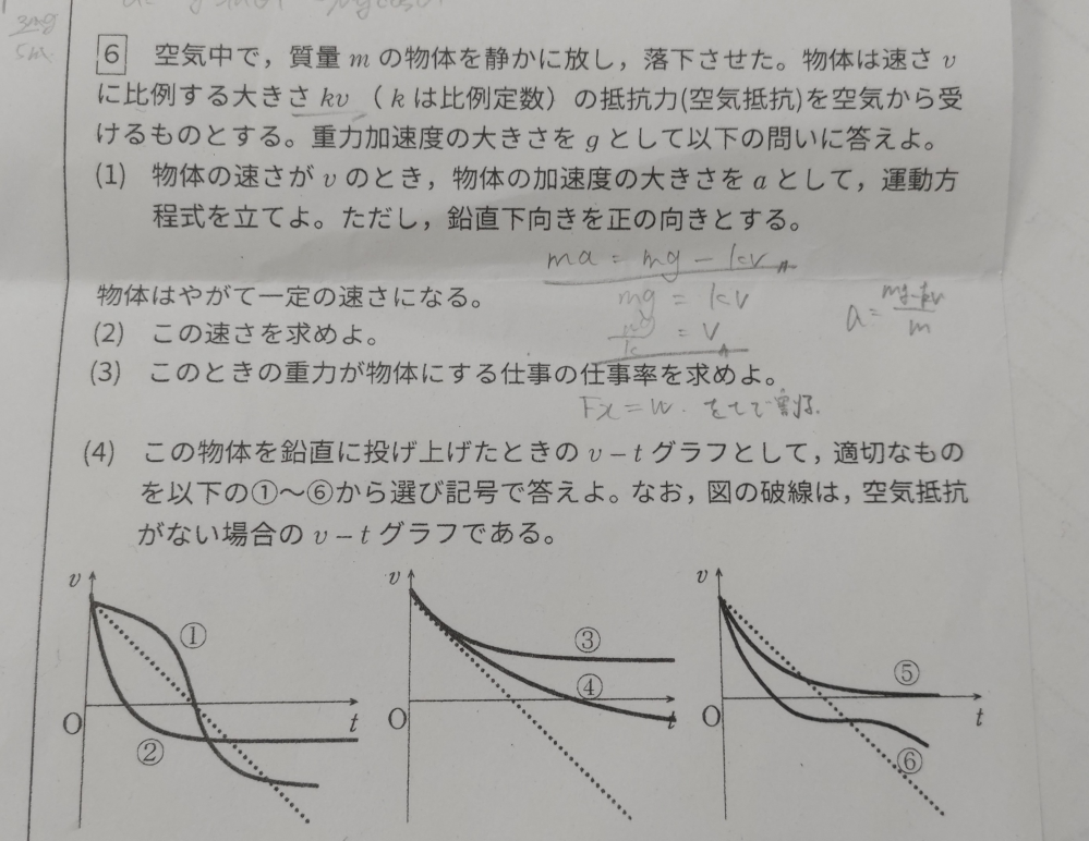 【至急】高1物理です 解説お願いします 答えは (1)ma=mg-kv (2)mg/k (3)m²g²/k (4)②