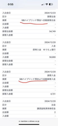 SBI証券の入出金明細についてです
この、「SBIハイブリッド預金へ自動振替出金」とか「SBIハイブリッド預金より自動振替入金」というのは
「(証券口座から)SBIハイブリッド預金へ自動振替出金」 「SBIハイブリッド預金より(証券口座へ)自動振替入金」ということでしょうか？