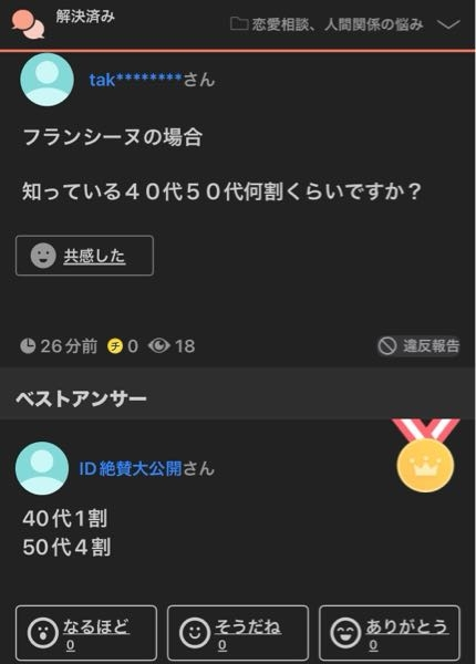 なぜこの質問で、回答のような具体的な数字がわかるのですか？ 40代50代の人全員に訊いたのでしょうか？