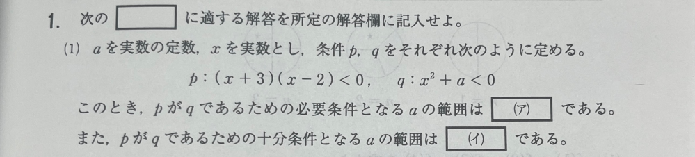 数学1Aの問題です。 写真の(ア)についてです。 aを実数の定数、xを実数とし、条件p,qをそれぞれ次のように定める。 p:(x+3)(x-2)<0,q:x^2+a<0 このときpがqであるための必要条件となるaの範囲を求めよ。という問題なのですが、やってみたところ-4≦a<0になったのですが、解答を見てみると-4≦aとなっていて0未満の部分がありませんでした。説明がなくどうしてこうなっているのか分からないので教えて頂きたいです。お願いします。 数IA 数学IA