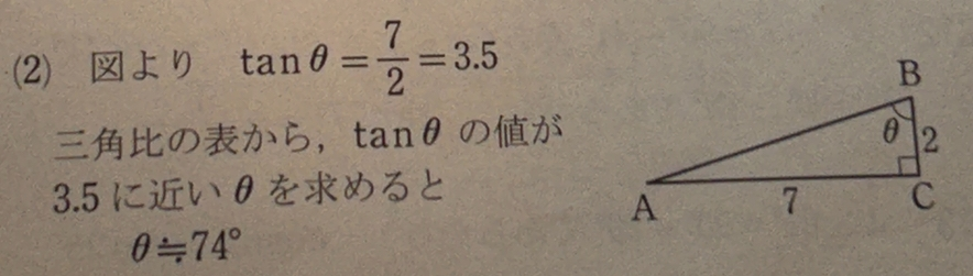 この問題なのですが なぜ2分の7になるかがわかりません。tanθはAC分のBCだから7分の2かと思ったのですがなぜこうなるのでしょうか？