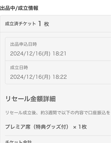 チケットぴあでリセール申し込みをしたのですが 成立日時=リセールされたという意味ですか？ なにも分からないので教えてください泣