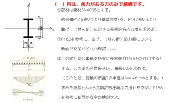 構造力学の問題です。梁について教えてください。①～③の問題について解説いただきたいです。 ①長期許容応力度 ②断面が安全かどうかの検討 ③座屈長さと細長比について ご回答のほどよろしくお願いいたします。