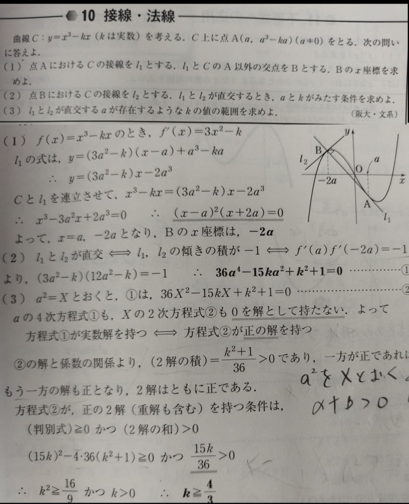 (3)でなぜ2つの解の和>0を示す必要があるのですか？本来の意味ではX=a^2>0をkの文字で表したいわけですよね？a^2をkで表現する方法はありますか？