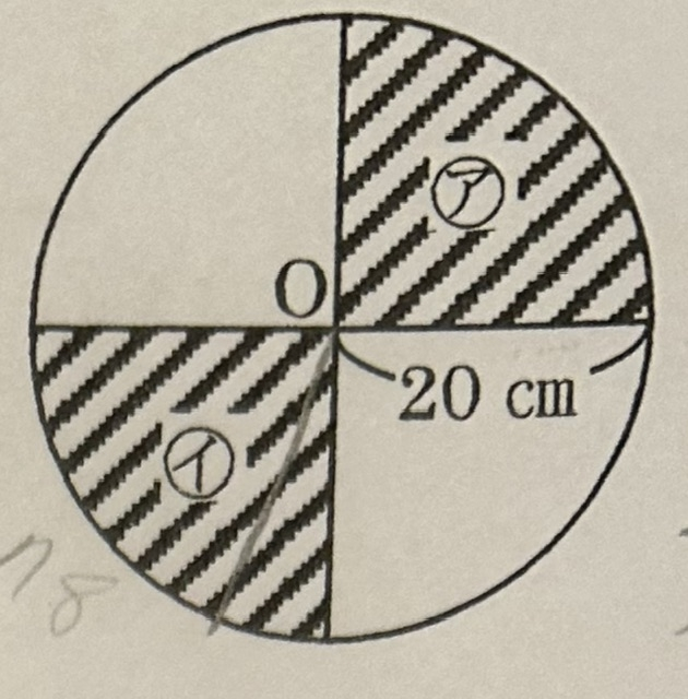 算数 中心がOで半径20cmの円を4等分する図のような ２つのおうぎ形ア、イがあります。 アは毎秒6度、イは毎秒12度の割合で アは時計回り、イは反時計回りにOを中心として 図の位置から同時に回転をはじめます。このとき、 次の問いに答えなさい。 問ⅰ アとイは、回転をはじめてから何秒後にはじめて重なりますか。 答えは10秒後ですが考え方がわかりません。 問ⅱ 回転をはじめてから1分30秒の間にアとイが重なっていないのは45秒です。 では、回転をはじめてから2分32秒後にアとイが重なっている部分の面積は何㎠ですか。 ただし円周率は３.14とします。 答えは188.4㎠です。考え方を教えてください。