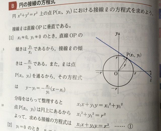 数学2 円の接線方程式の導き方での質問です。 アンダーラインを引いた所は、上の2行の結果から代入して導いたものと考えて良いですか？ 宜しくお願いします。