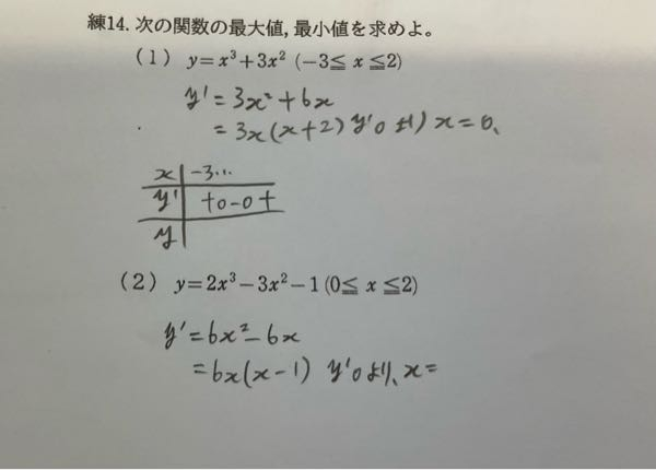 至急！！！ この高校数学の関数の最大値最小値の問題2問の途中式、答えを教えてください。゜(゜´ω`゜)゜。