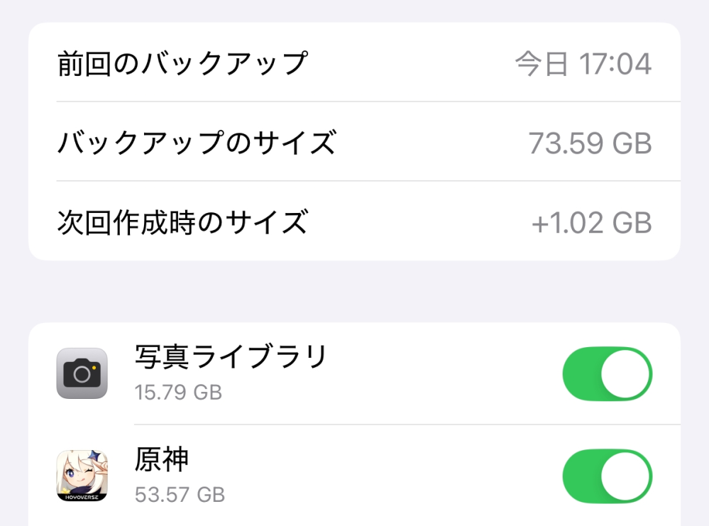 iPhoneのiCloudバックアップで、原神が53.57GBもあるのですが、こんなに多いものなのでしょうか？ 本体のiPhoneストレージでは原神は32.01GBで、本体ストレージより多いです。 なにか異常があったりするのでしょうか。 原神はiCloudにバックアップする必要はないということは知っていますが、心配なので教えていただけると幸いです。 よろしくお願いいたします。