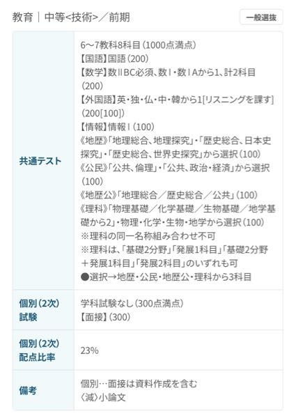 福岡教育大学の入試制度についてです。 ご回答よろしくお願いします。 私は福岡教育大学の中等・技術を受験予定です 2次試験は面接のみで、配点が300点となってます この2次試験の面接についてで、 下の写真を見ていただくと分かるのですが、 旺文社さんのパスナビというサイトで、 福岡教育大学の中等・技術のところに、 個別（2次）配点比率23%と書かれていました。 しかし、福岡教育大学の募集要項には配点比率 などと一切記入されていません。 これは募集要項を信じた方が良いとは思うのですが 旺文社さんもテキトーな事は書かないと思ってます だからどちらが本当か分からないので、 有識者の方教えてくださいよろしくお願いします