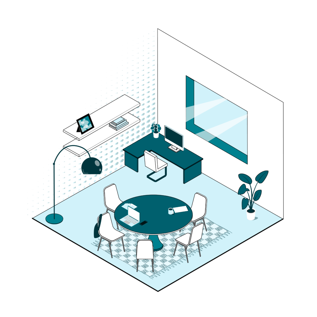 Illustration of private CIC workspace with table and chairs, desk, and decorations