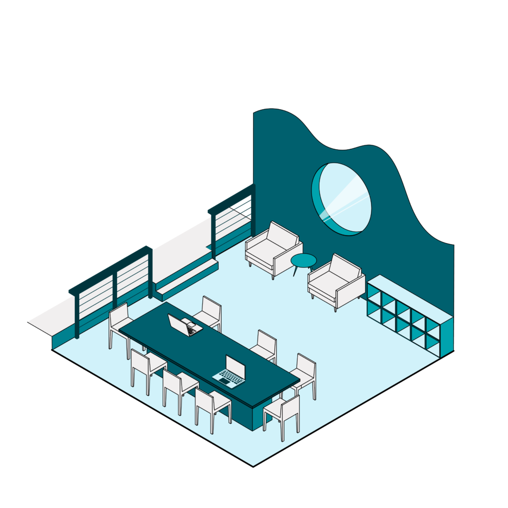 Illustration of a shared CIC workspace with table, chairs, and soft seating 