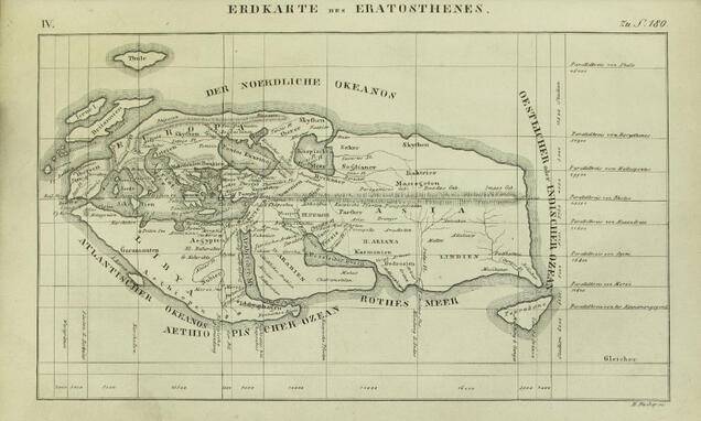 Sogar eine sehr genaue Erdkarte zeichnete des Eratosthenes: Erschienen in „Handbuch der alten Geographie“ (1842), SLUB Dresden, Public Domain Mark 1.0 