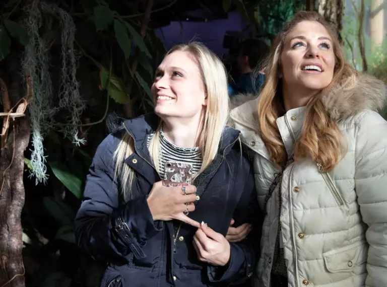 Two women in spider walk through exhibit at London zoo.