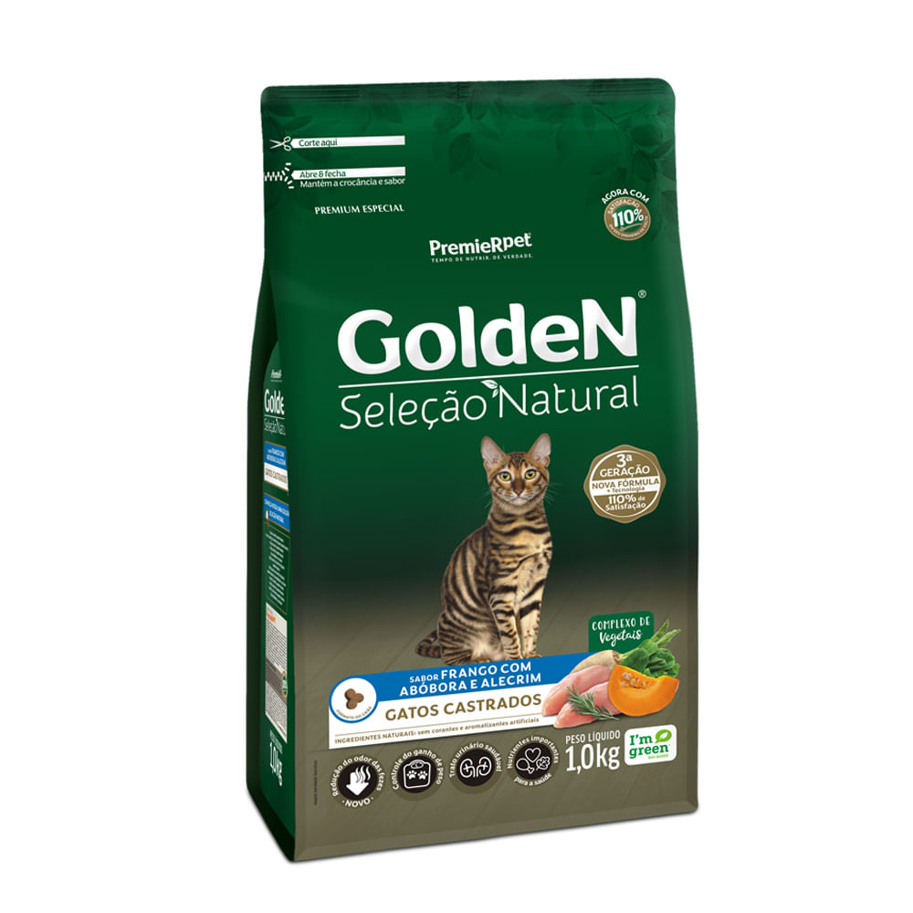 Ração Golden Seleção Natural Gatos Castrados Frango com Abóbora e Alecrim