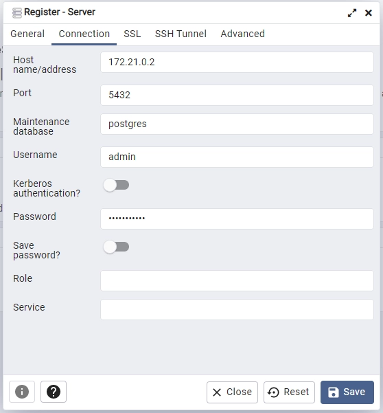 register the postgres server in pgadmin