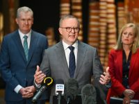 CANBERRA, AUSTRALIA - APRIL 5: Prime Minister of Australia Anthony Albanese, Senator Katy Gallagher and Minister for the Arts Tony Burke address the media during a visit to the National Gallery of Australia in Canberra. Picture: NCA NewsWire / Martin Ollman