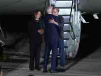 JOINT BASE ANDREWS, MARYLAND - AUGUST 1: U.S. President Joe Biden and Democratic presidential candidate, U.S. Vice President Kamala Harris greet Evan Gershkovich , a prisoner freed by Russia, as he arrives on August 1, 2024 at Joint Base Andrews, Maryland. Their release, negotiated as part of a 24 person prisoner exchange with Russia that involved at least six countries, is the largest prisoner exchange in post-Soviet history.   Andrew Harnik/Getty Images/AFP (Photo by Andrew Harnik / GETTY IMAGES NORTH AMERICA / Getty Images via AFP)