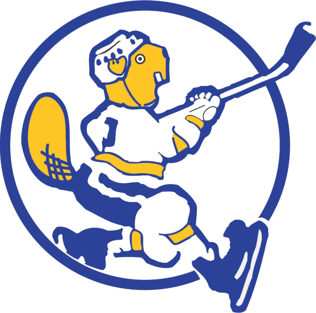 Sherbrooke Castors Logo Primary Logo (1969/70-1981/82) - A beaver playing hockey on a blue and white circle.  Un castor jouant à l'hockey sur un cercle bleu et blanc. SportsLogos.Net