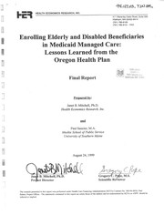 Cover of: Enrolling elderly and disabled beneficiaries in Medicaid managed care: lessons learned from the Oregon Health Plan : final report