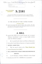 Cover of: A bill to amend title XVIII of the Social Security Act to protect Medicare beneficiaries' access to home health services under the Medicare program