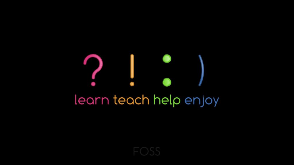 On a black background, the symbols “? ! : )” appear. Directly underneath the symbols are the words “learn,” “teach,” “help,” and “enjoy.”