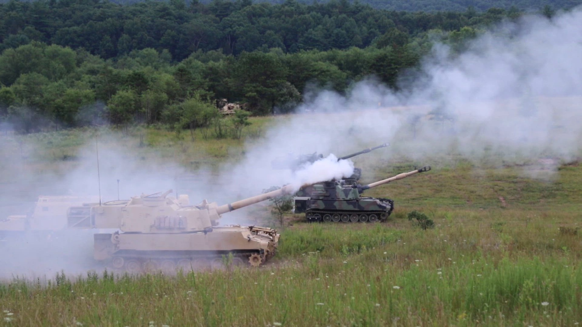 U.S. Soldiers assigned to 1st Battalion, 109th Artillery Regiment, 55th Maneuver Enhancement Brigade, 28th Infantry Division, Pennsylvania Army National Guard conduct artillery live fire missions July 20, 2024 at Fort Indiantown Gap, Pa. firing the M109 Paladin, a self-propelled howitzer. (U.S. Army National Guard video by Sgt. 1st Class Shane Smith)