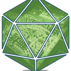 green tetrahedron with computer circuitry inside