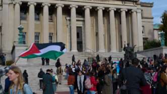 Columbia University faculty members stand on the steps of The Low Library to protest the ban of Jewish Voice for Peace and Students for Justice in Palestine on the college campus. | Edna Leshowitz/ZUMAPRESS/Newscom