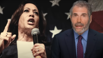 John Stossel in front of an image of Vice President Kamala Harris | Stossel TV