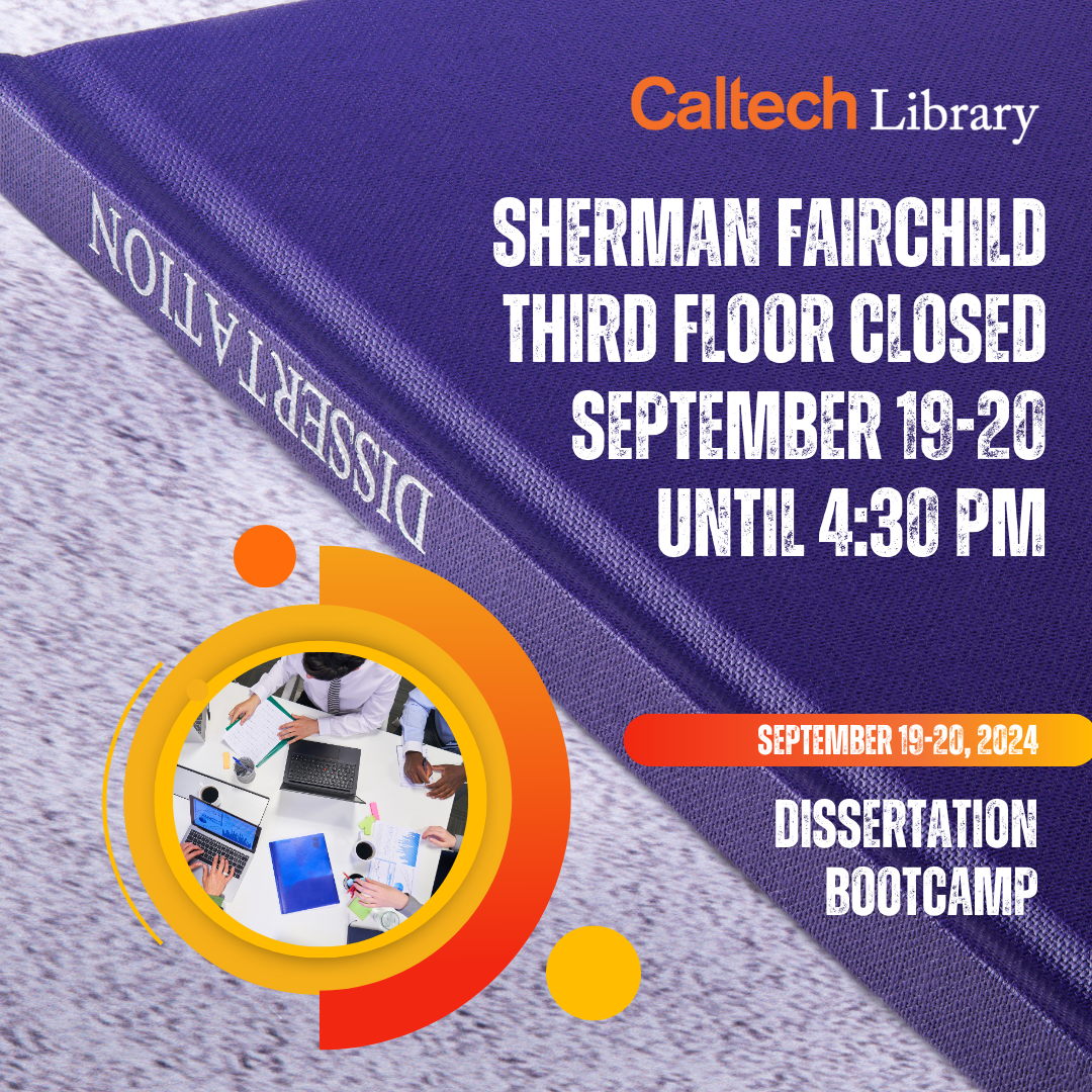 A purple bound dissertation and text announcing Sherman Fairchild third floor will be closed September 19 and 20 until 4:30 p.m.