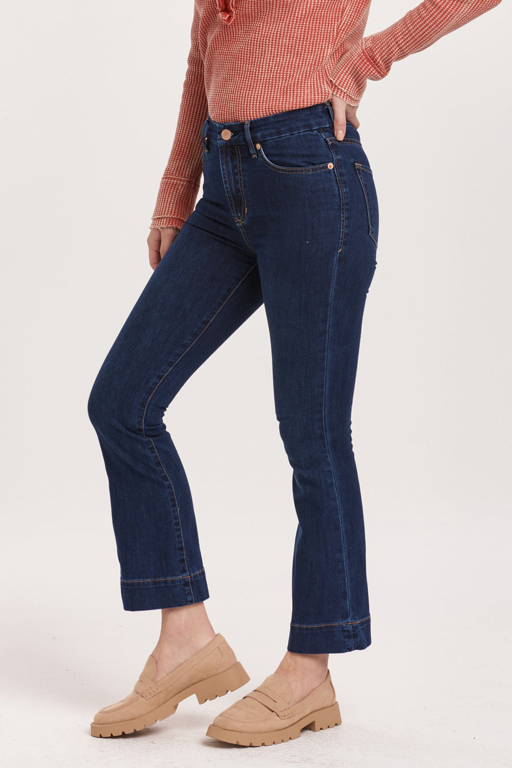 image of a female model wearing a JEANNE HIGH RISE CROPPED FLARE JEANS STAR DEMAND DEAR JOHN DENIM 