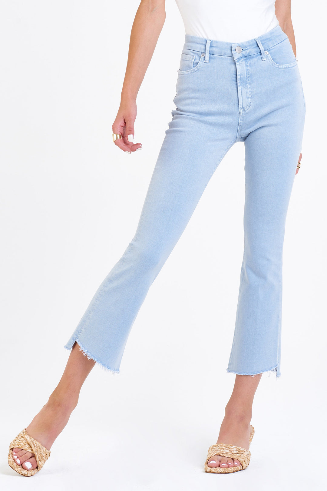 image of a female model wearing a JEANNE HIGH RISE CROPPED FLARE JEANS SKY DEAR JOHN DENIM 