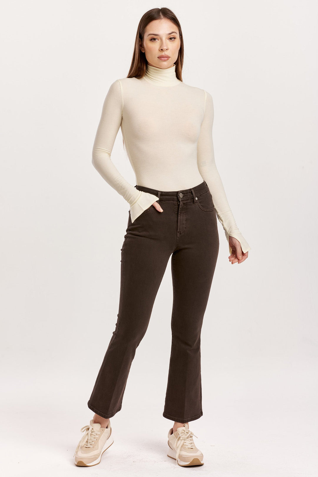 image of a female model wearing a JEANNE HIGH RISE CROPPED FLARE JEANS GROUND COFFEE DEAR JOHN DENIM 