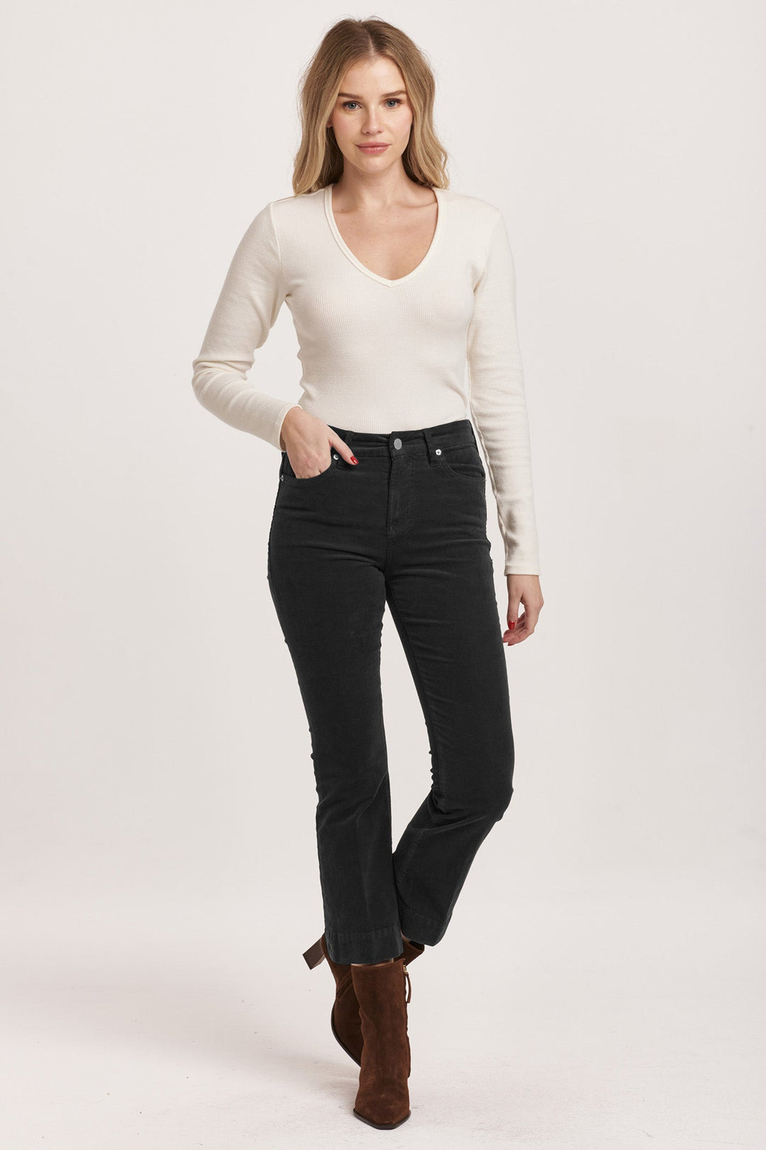 image of a female model wearing a JEANNE MID RISE CROPPED FLARE PANTS BLACK CORDUROY DEAR JOHN DENIM 