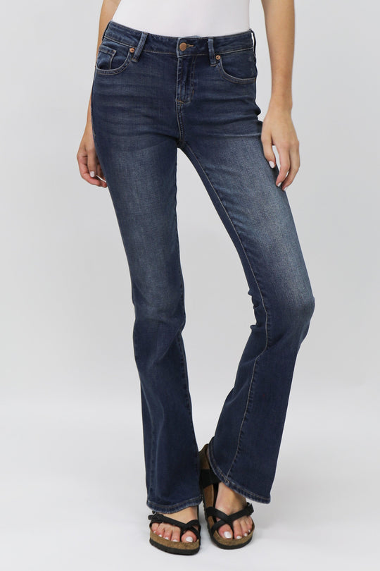 image of a female model wearing a JAXTYN HIGH RISE BOOTCUT JEANS MILLBRIDGE DEAR JOHN DENIM 