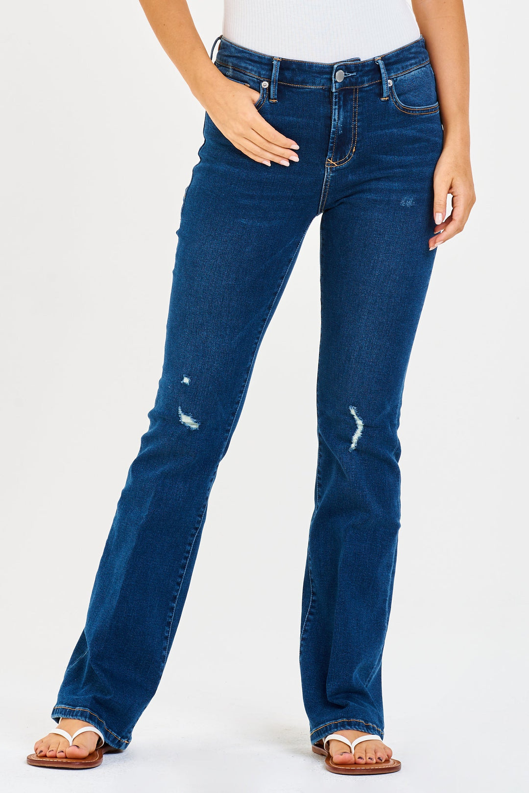 image of a female model wearing a JAXTYN HIGH RISE BOOTCUT JEANS BROOKSIDE DEAR JOHN DENIM 