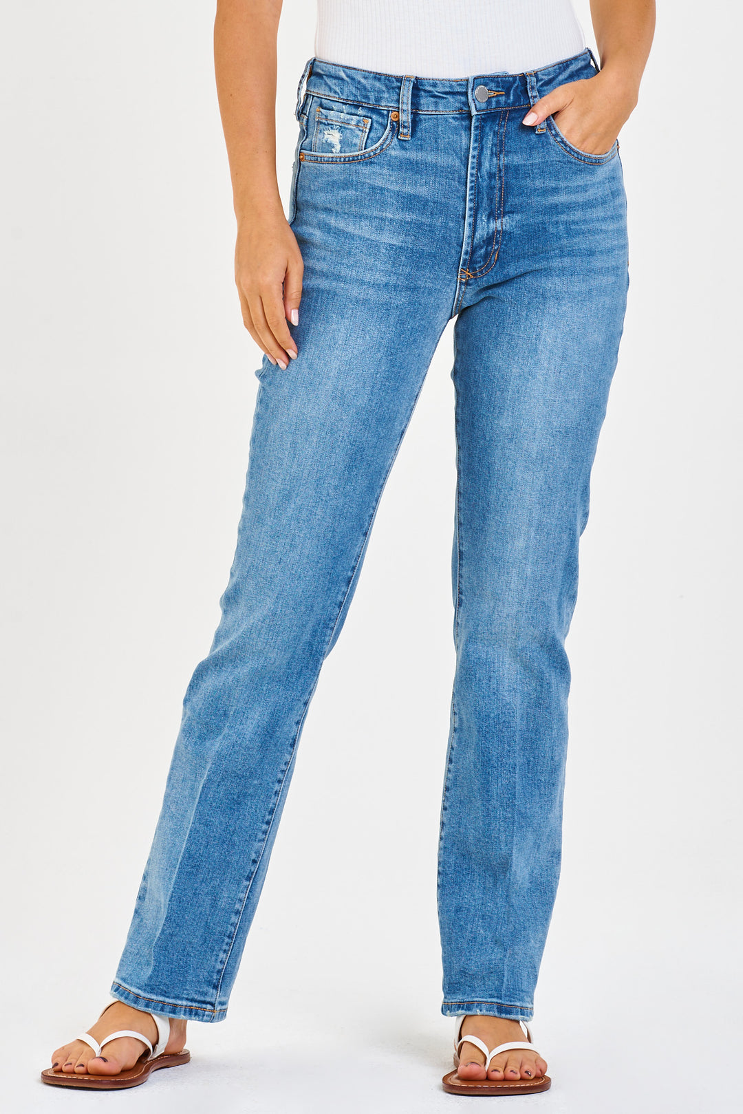 image of a female model wearing a PARIS SUPER HIGH RISE BOOTCUT JEANS CENTERVILLE DEAR JOHN DENIM 