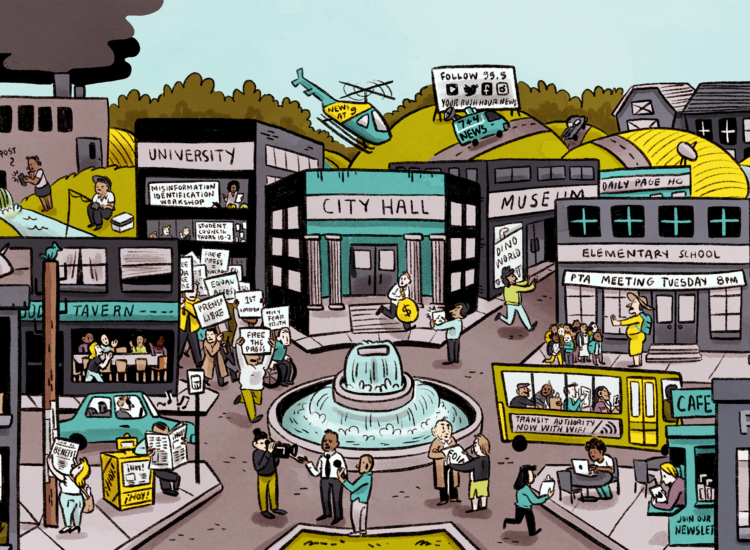 Illustration of a town square with City Hall and a fountain in the center, and other common public areas including schools, a library, a museum, and public transit. The image shows the many different ways people receive news and information, including newspapers, websites, TV, word of mouth, and community meetings. It also illustrates ways journalism helps communities build power, from PTA meetings, to protests, to investigating corruption in local government.