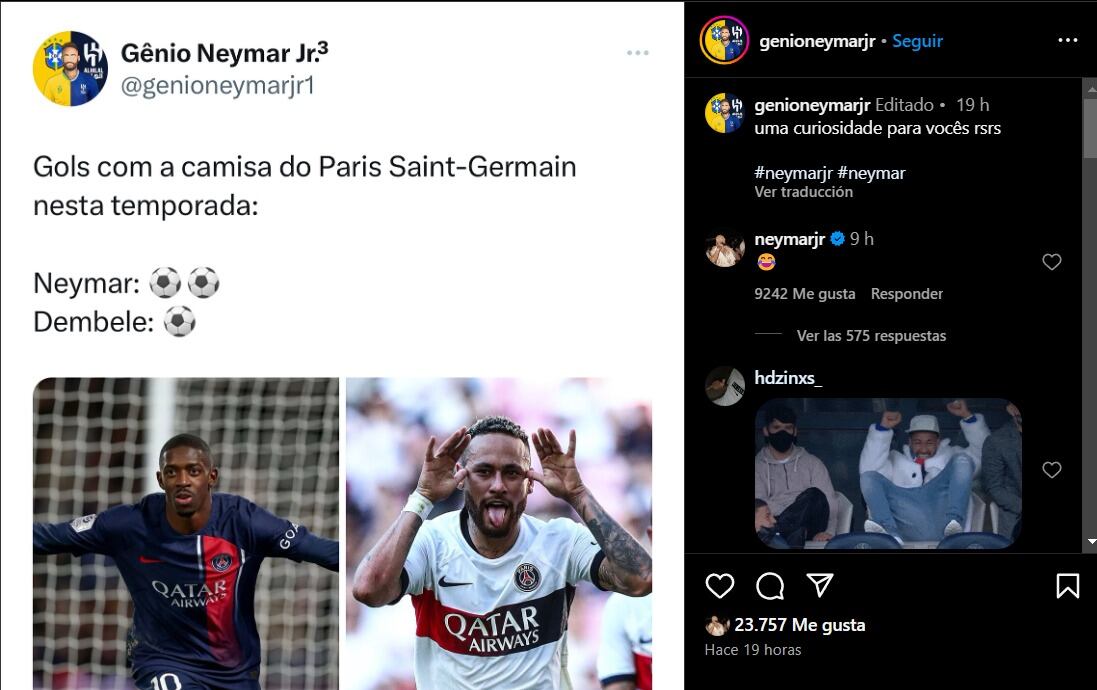 Neymar se burla de Dembélé por tener más goles que él con la camiseta del PSG. (Foto: Captura de Instagram).