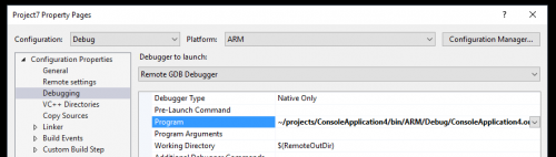 Debug program project propery