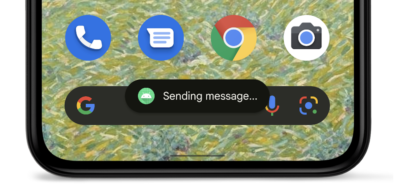 앱 아이콘 옆에 &#39;메시지를 보내는 중&#39;이라는 토스트 팝업이 표시된 Android 기기 이미지