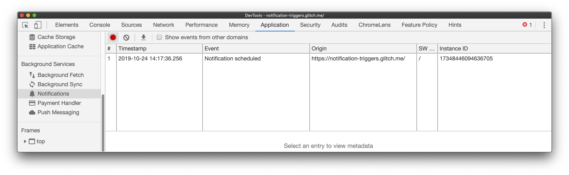 Um evento de notificação programado foi registrado no painel Notificações do Chrome DevTools, localizado no painel Application.