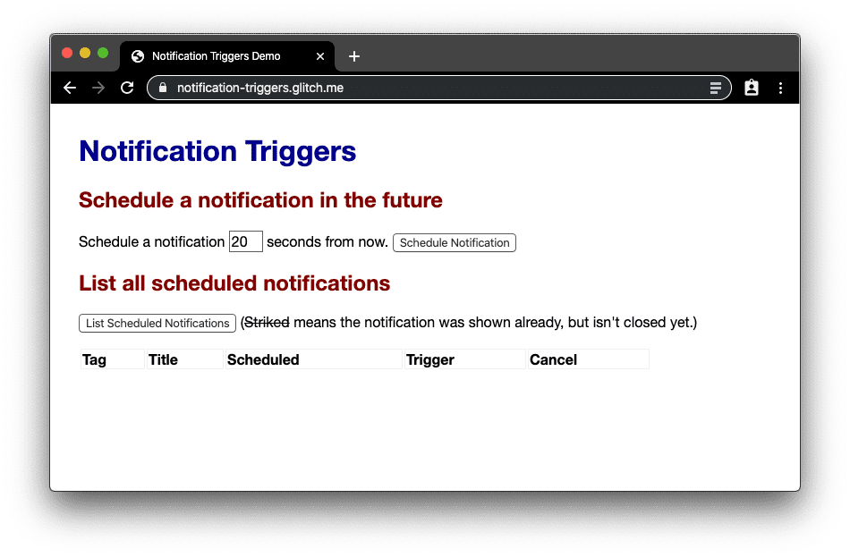 Captura de pantalla de la app web de demostración de activadores de notificaciones.