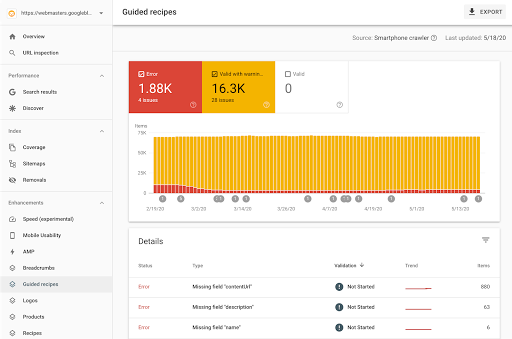 Rapport sur l&#39;optimisation des recettes guidées dans la Search Console