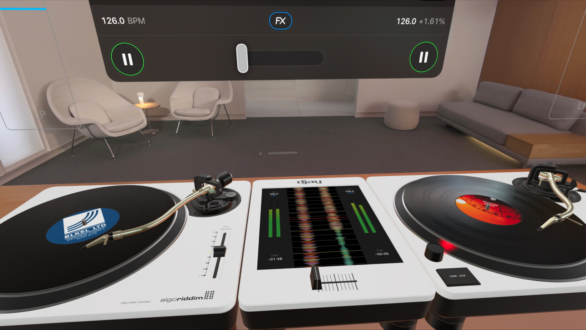 Two 3D turntables in the djay app for visionOS