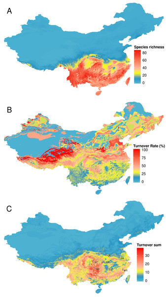 Turnover of species under climate change, using the BC45 scenario in the 2070s as example.