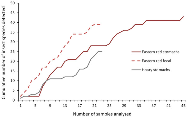 Discovery rate of new insect species in bat stomachs and fecal pellets.