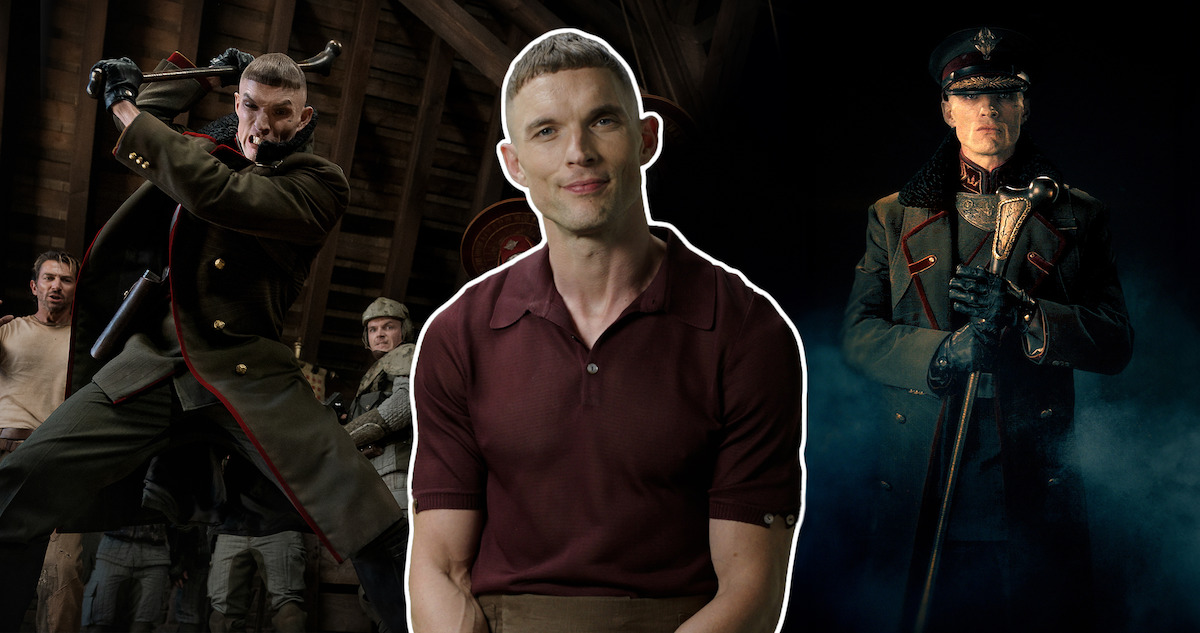 Ed Skrein (Atticus Nobel) from 'Rebel Moon' behind a still of Noble wielding the bonestaff and a production still of Atticus Noble posing with the bonestaff.