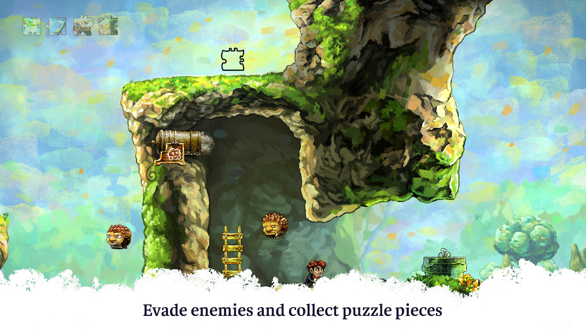 Game play image of an abstract, hollowed-out tree with floating lion heads.